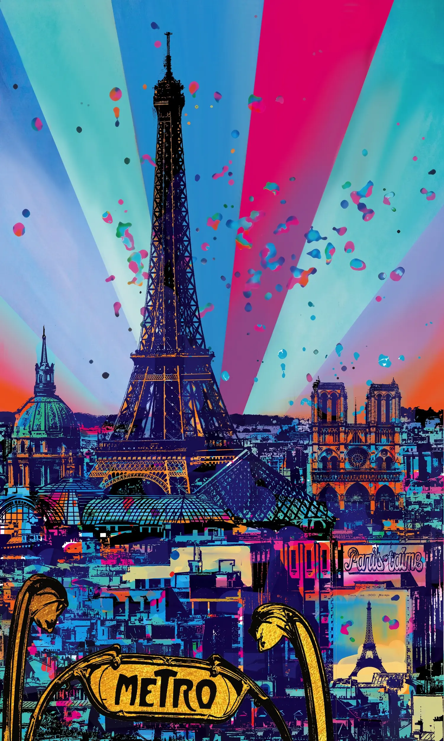 Paris – Der Eiffelturm in pinken und blauen Lichtstrahlen, dahinter Notre-Dame, vorne ein Metro-Schild.