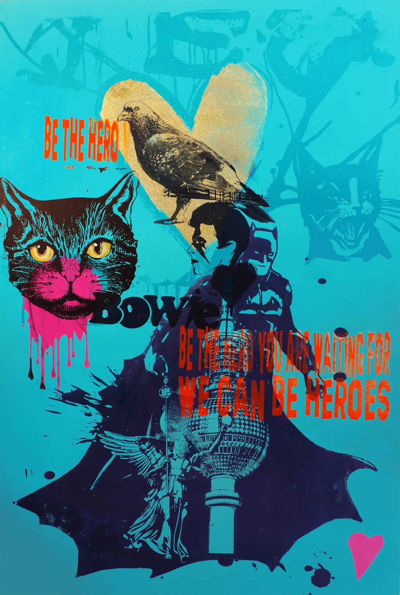 Alien Heart – Berlin – Auf Türkis: eine Katze mit pinkem Gesicht, ein Vogel auf gelbem Herz und „We can be heroes“ über dem Fernsehturm.