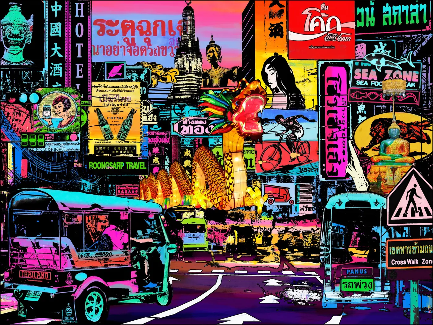 Bangkok – City of Angels – Neon signs in Thai script, a colourful bus and the sea of lights of Bangkok at night.