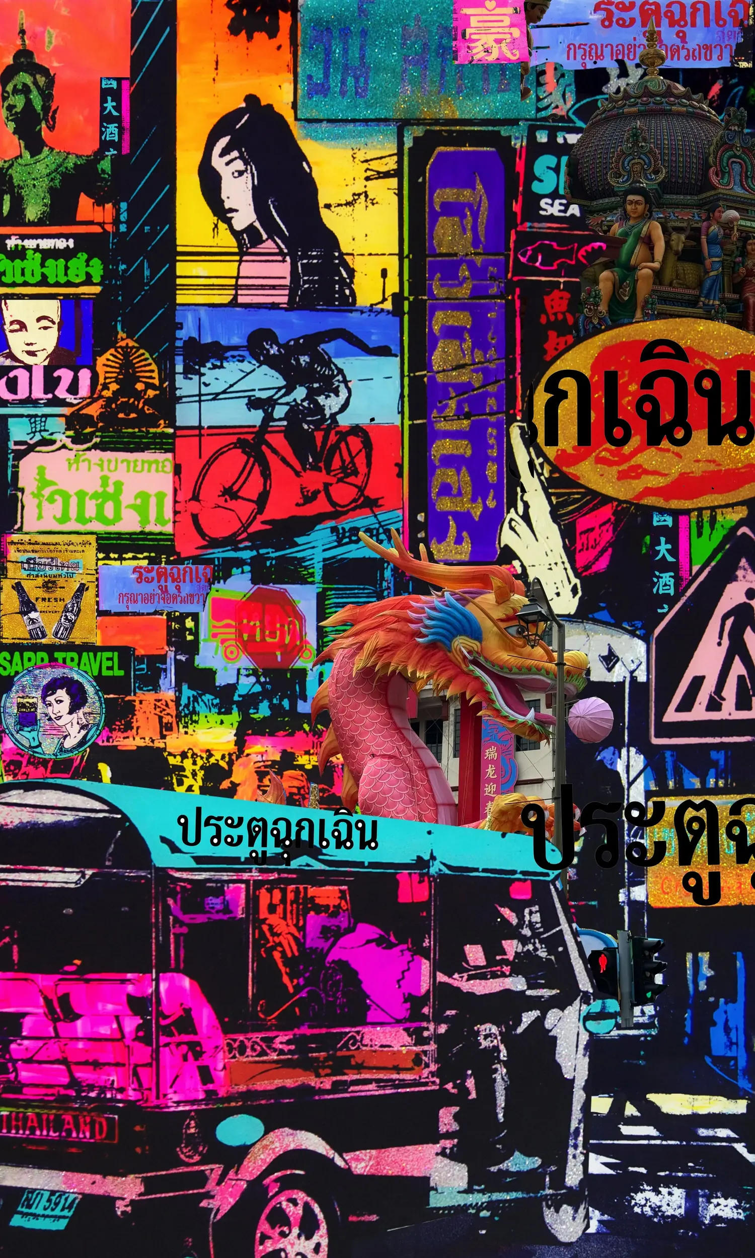 Bangkok – Eine Collage aus Leuchtreklamen in Thai-Schrift, Gesichtern und Straßenszenen.