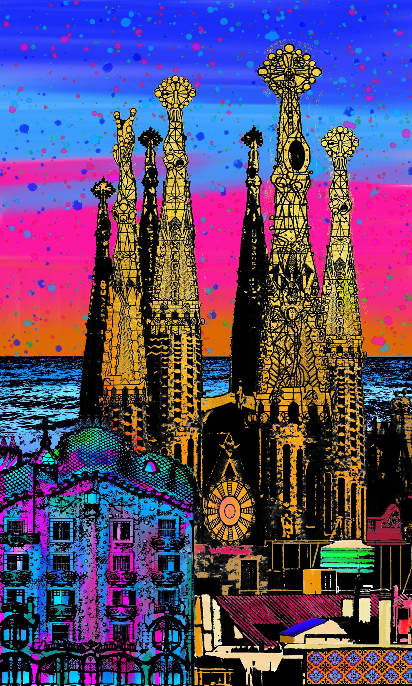 Barcelona – Die goldenen Türme der Sagrada Família vor einem Sonnenuntergang in Pink und Blau.
