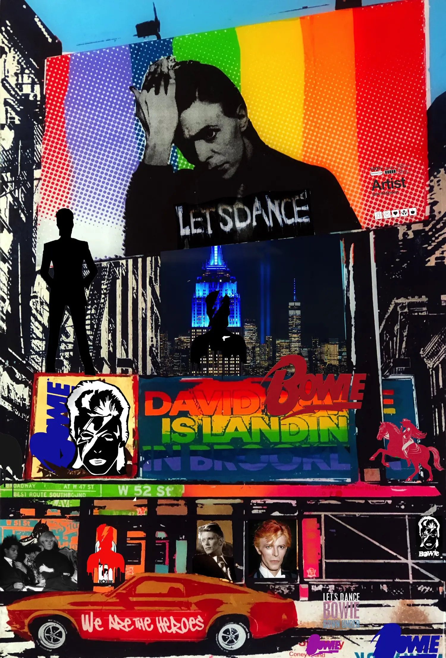 Bowie – Ein Billboard mit Bowie und „Let’s Dance“, Regenbogenfarben und das blau beleuchtete Empire State Building.