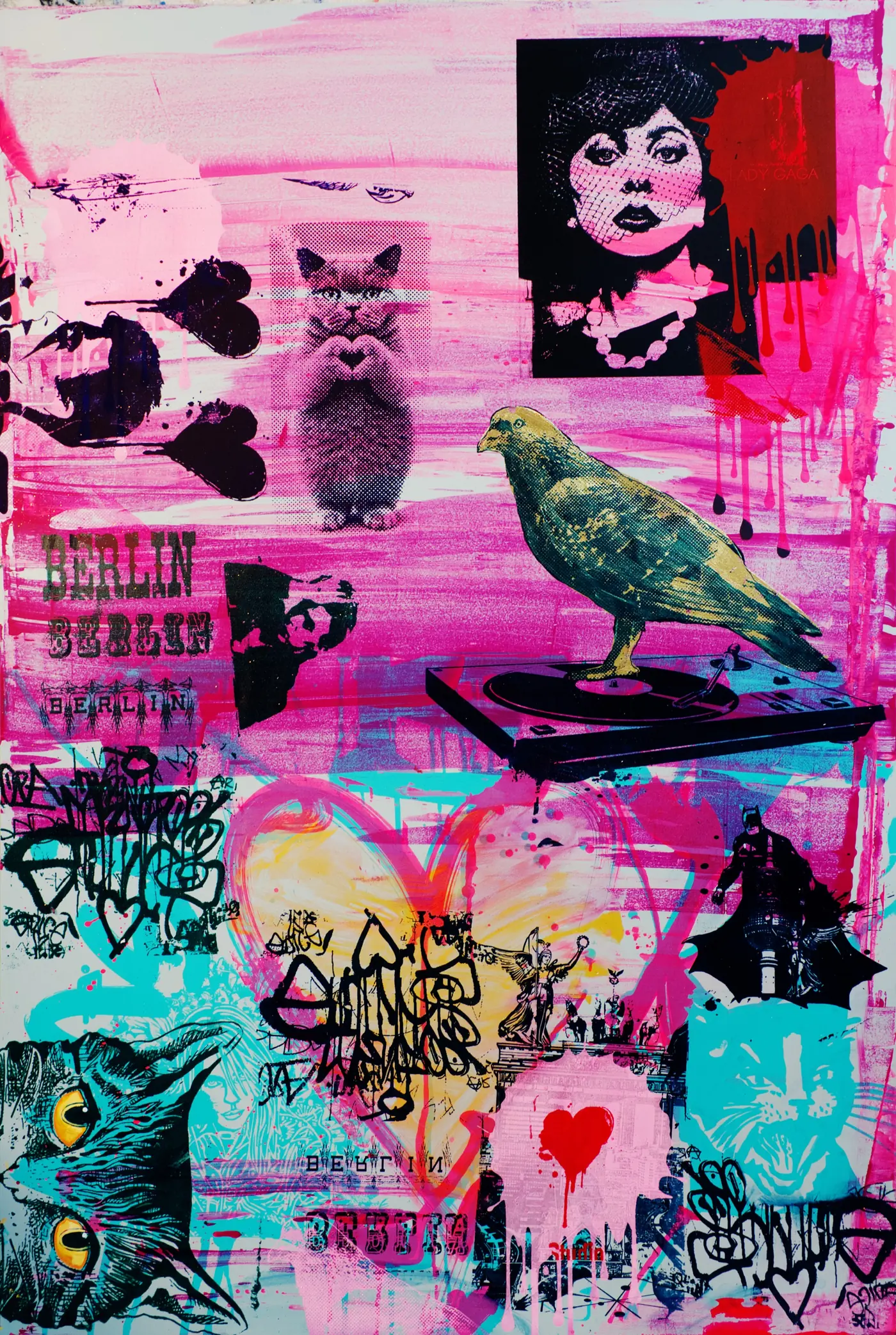 Berlin – Electric Hearts – Pink und Magenta in Schichten: Herzen, Graffiti-Tags, ein grüner Vogel und ein Frauenporträt im Pop-Art-Stil.