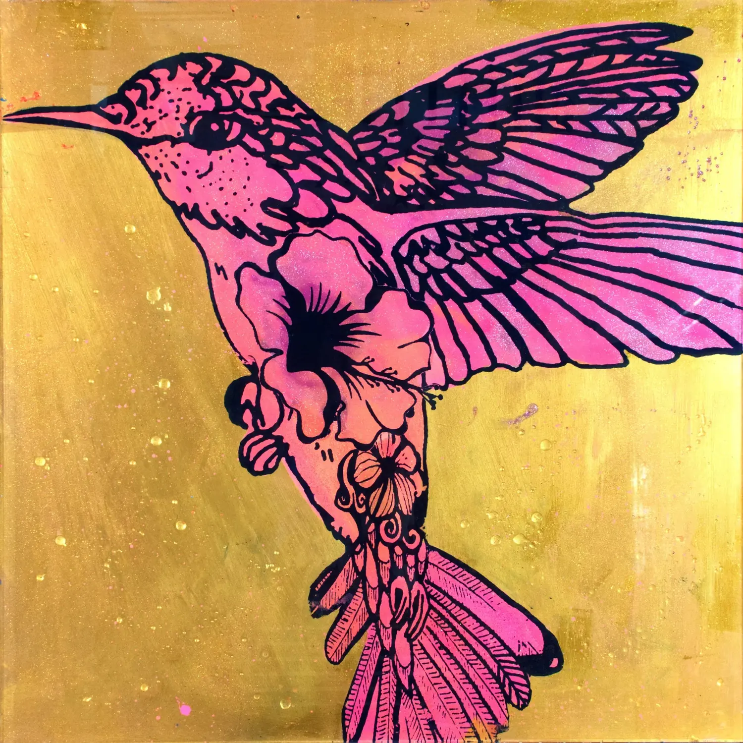 Happiness No. 18 – A pink hummingbird in flight on a glowing gold ground.