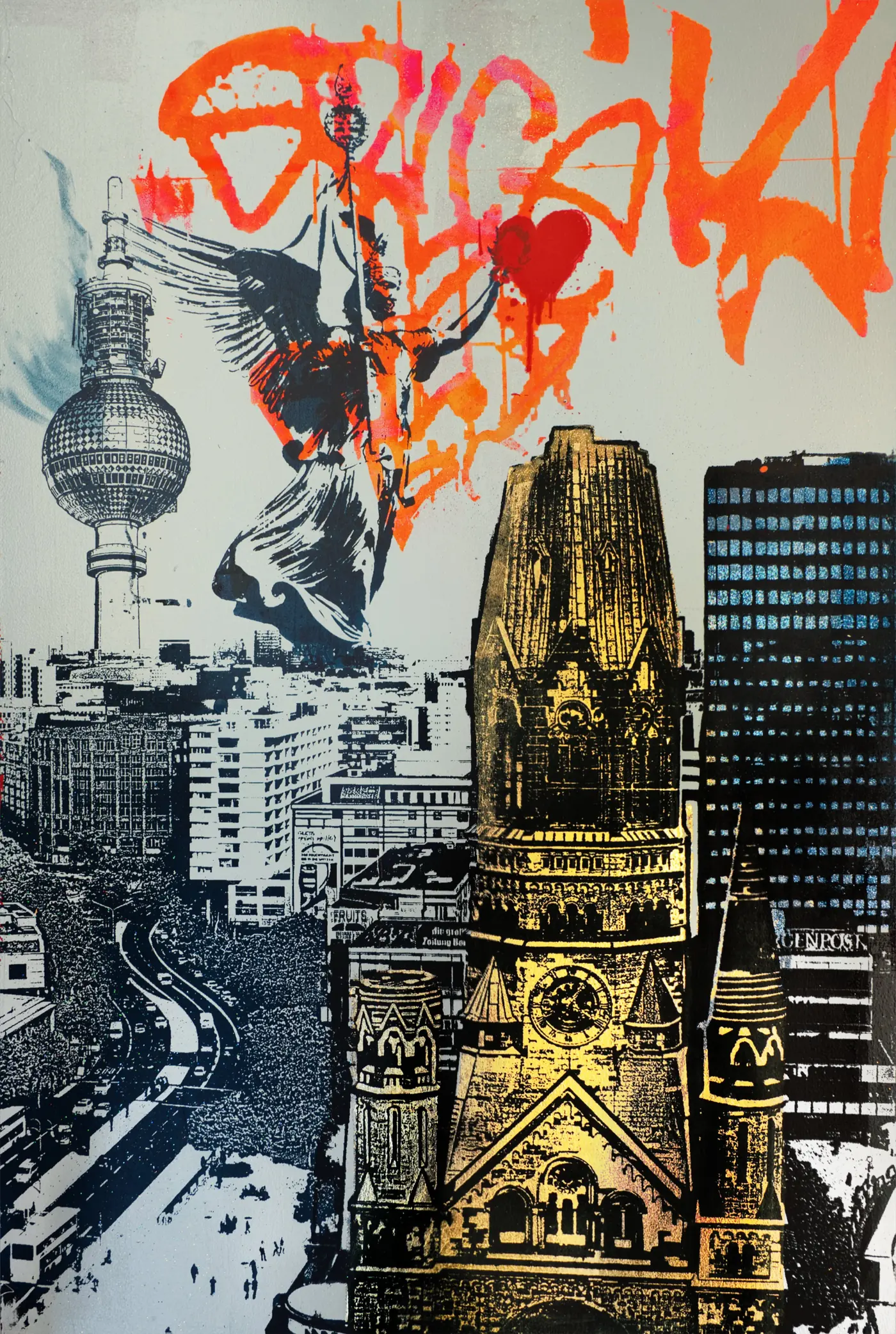 Mein Herz schlägt in Berlin – Rote Herzen, ein Engel und die goldene Gedächtniskirche – Berlin-Liebe in Schwarz-Weiß, Orange und Gold.