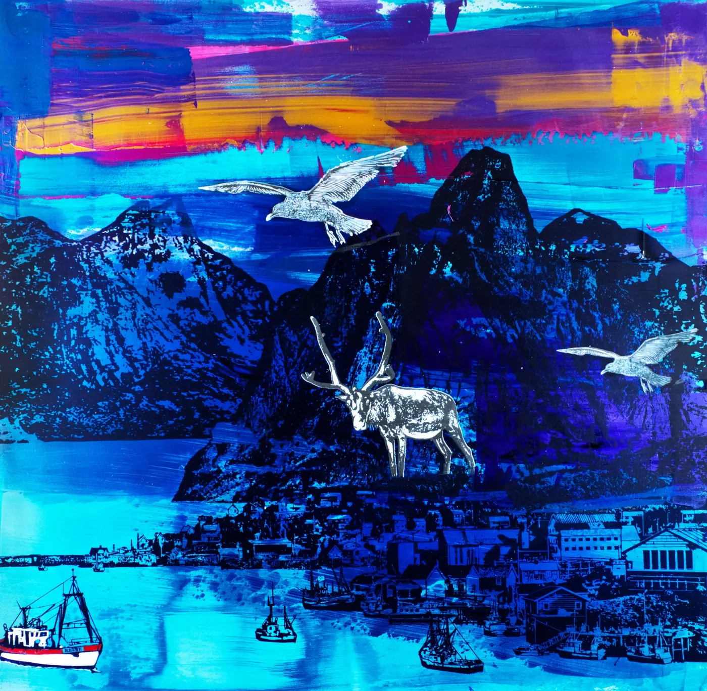 Norway III – A white reindeer before midnight-blue mountains, gulls above and a small boat below.