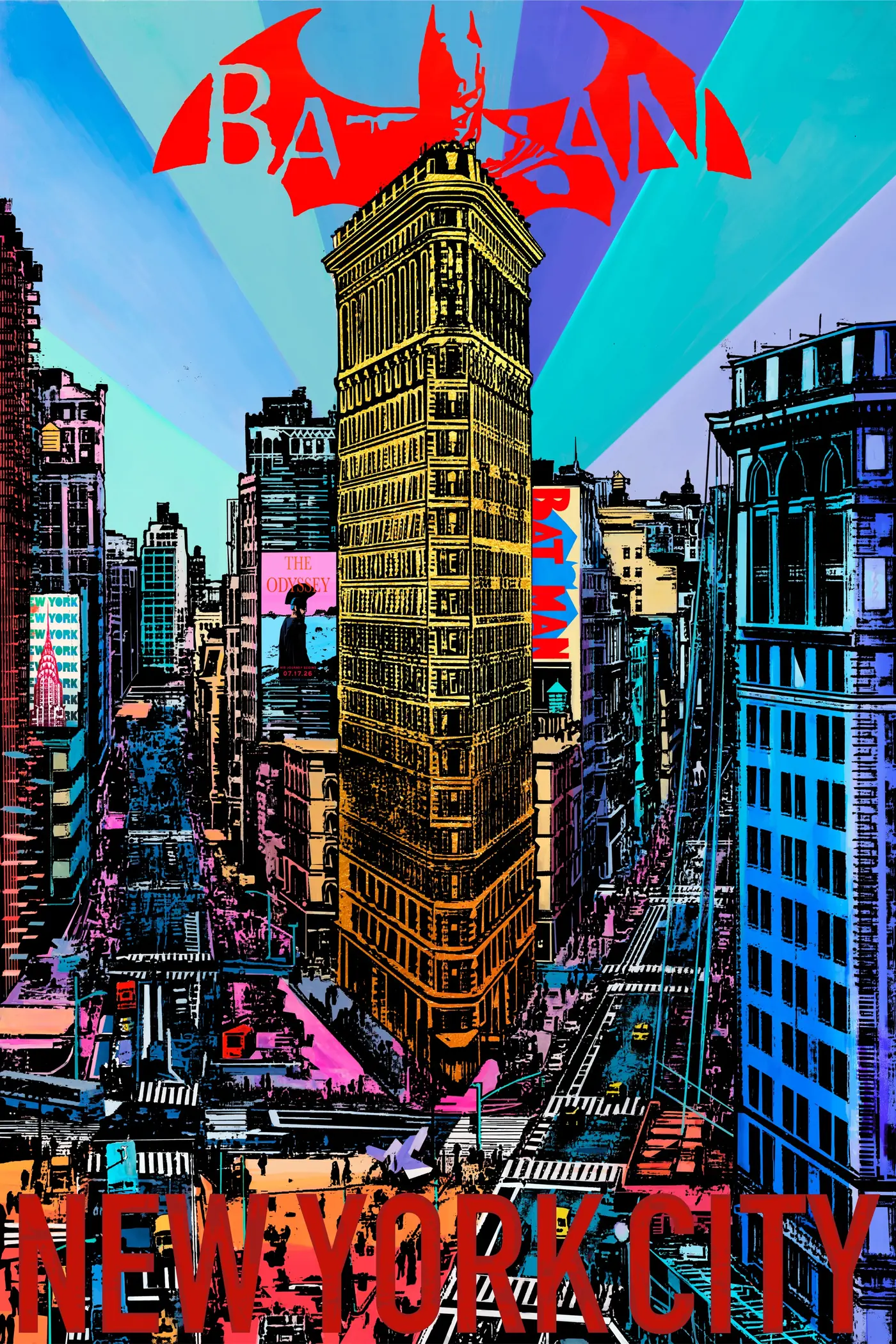 NY Flatiron Batman – Das Flatiron Building im Zentrum, darüber ein roter Batman-Schriftzug und Lichtstrahlen.