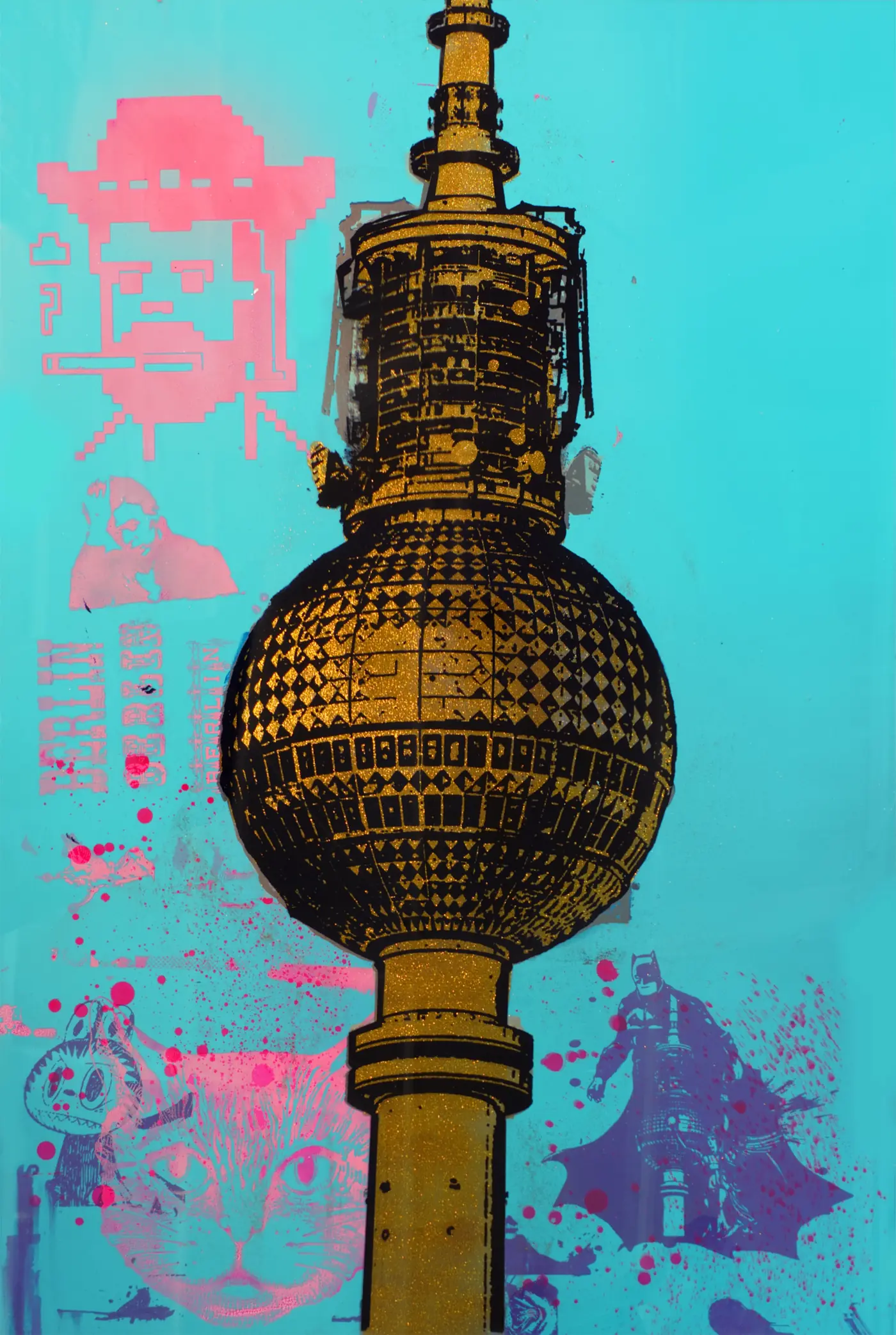 Radio Romance in Berlin – Der Fernsehturm in Gold vor Türkis, daneben verblasste Porträts in Pink und Violett.
