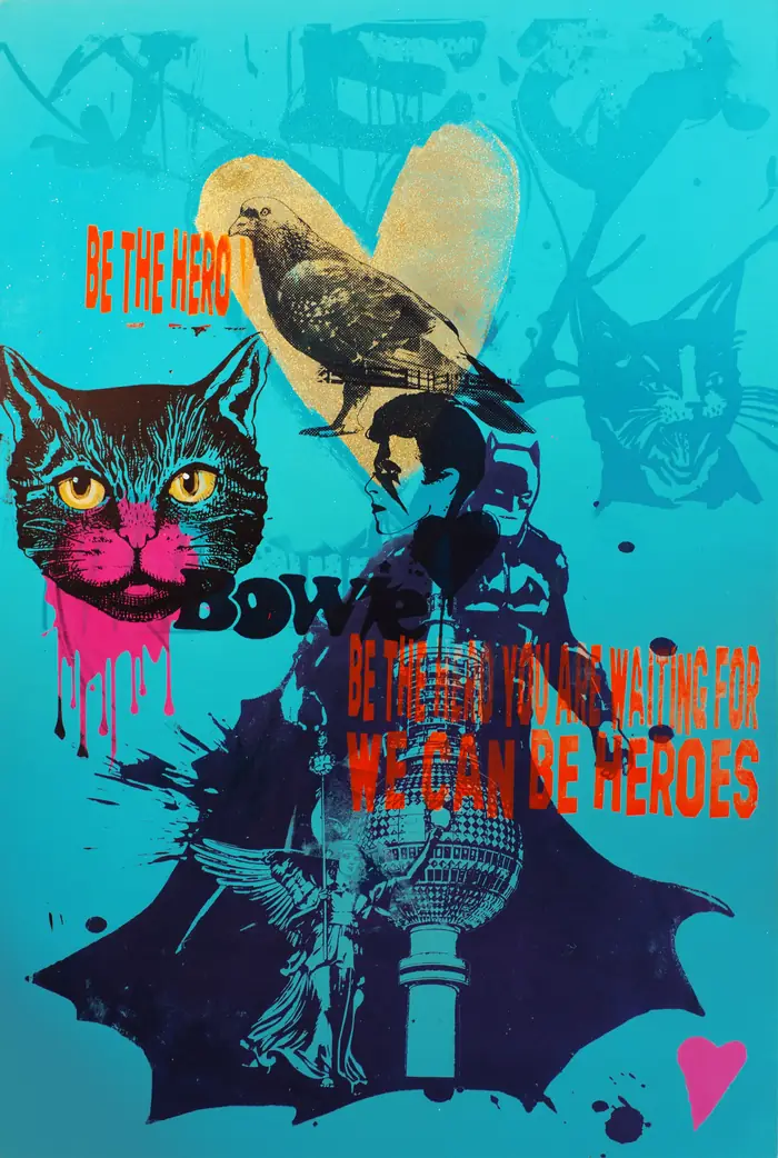 Alien Heart – Berlin – On turquoise: a cat with a pink face, a bird on a yellow heart and “We can be heroes” above the TV tower.