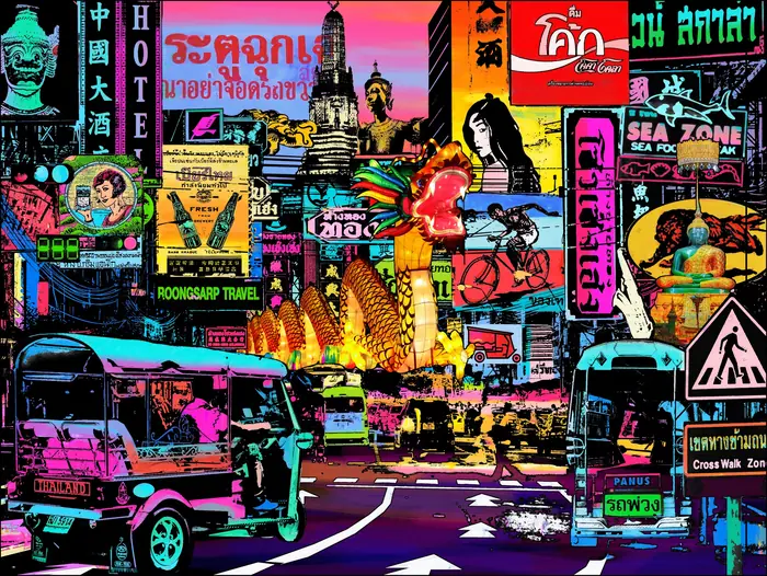 Bangkok – City of Angels – Neon signs in Thai script, a colourful bus and the sea of lights of Bangkok at night.