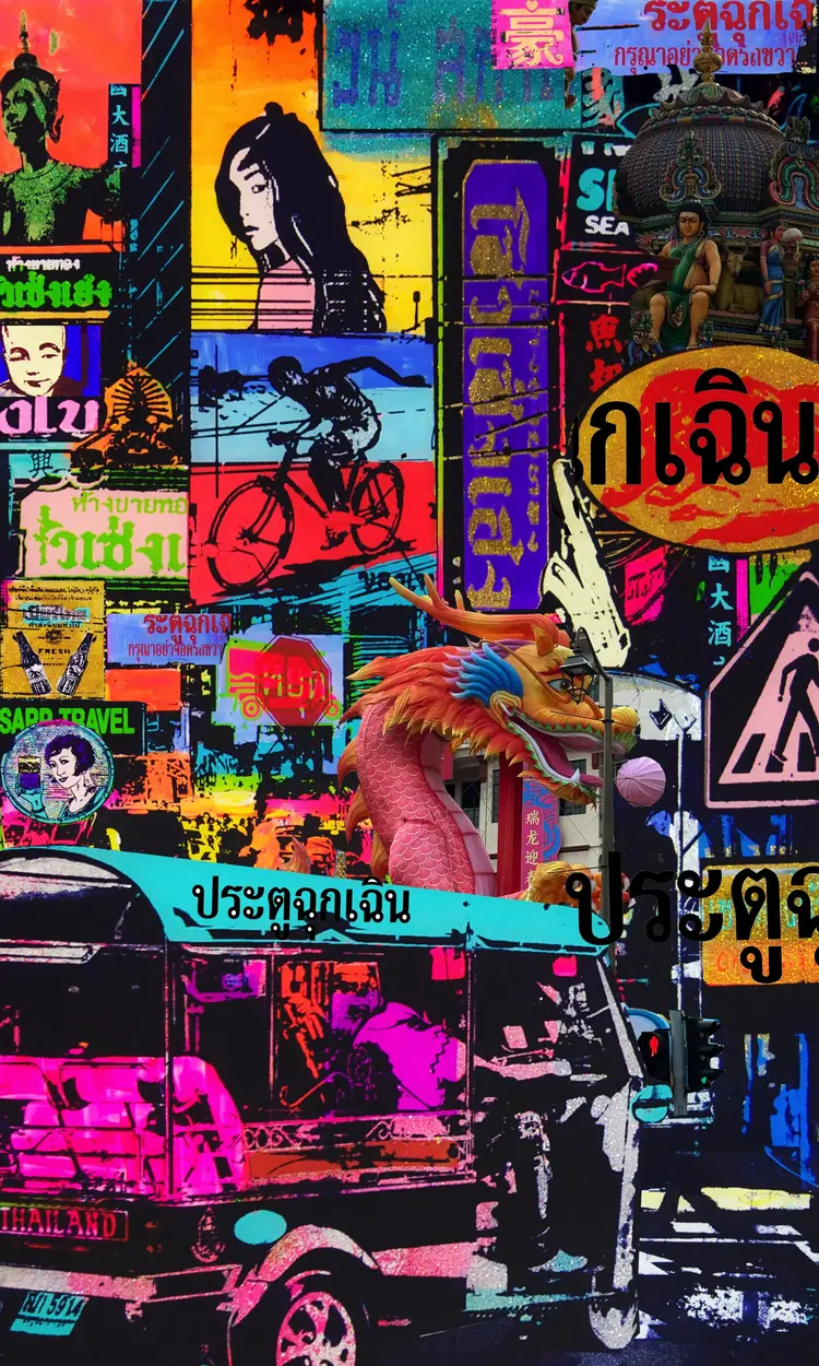 Bangkok – A collage of neon signs in Thai script, faces and street scenes.