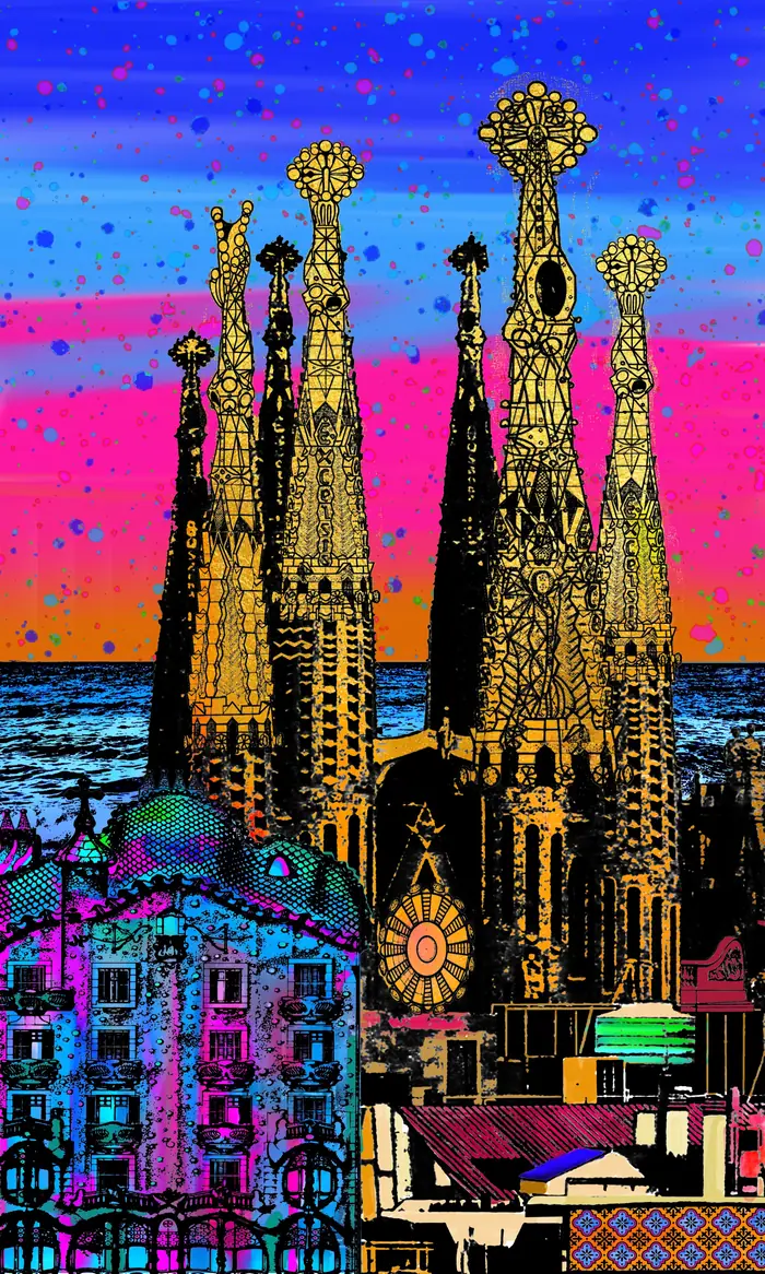 Barcelona – The golden spires of the Sagrada Família against a pink and blue sunset.