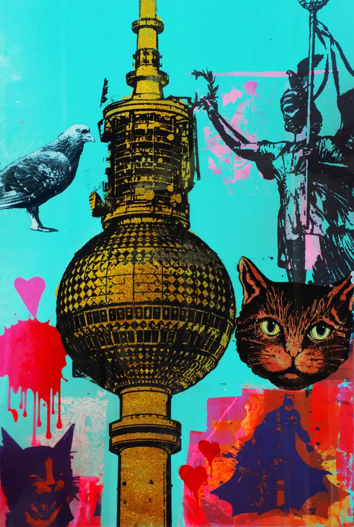 The beautiful Berlin outsiders – A golden TV tower, a cat, a pigeon and the Victoria of the Victory Column – Berlin’s beautiful outsiders on turquoise.