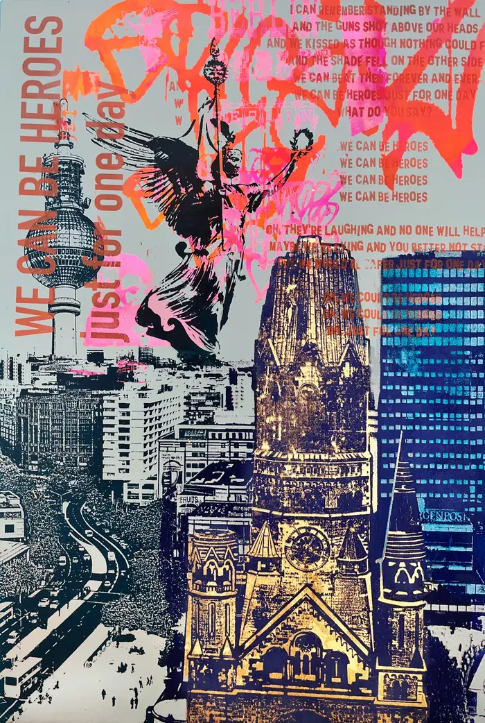 Berliner Beton Poesie – Typography meets architecture: Bowie lyrics in orange, an angel, the TV tower and the Memorial Church in grey and blue.