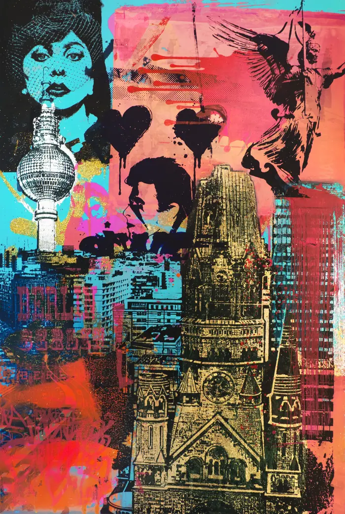 Club der verlorenen Herzen – Pop-art portraits, black hearts and the golden Memorial Church against coral and turquoise.