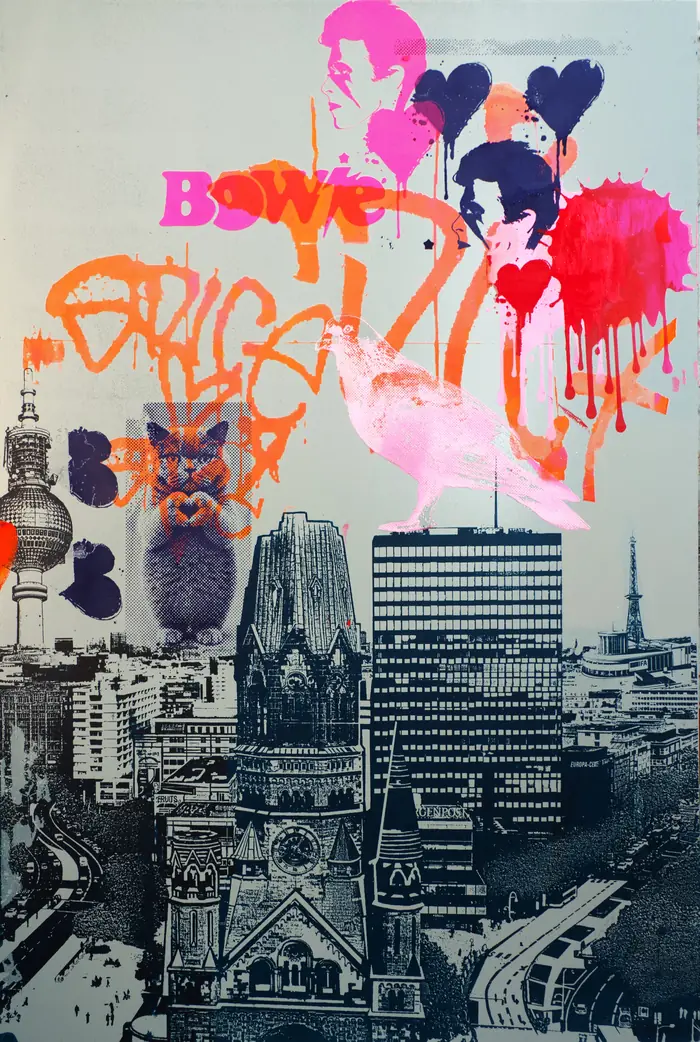 Großstadtliebe Berlin – An orange graffiti tag, pink hearts and Bowie above the Memorial Church and the Berlin cityscape.