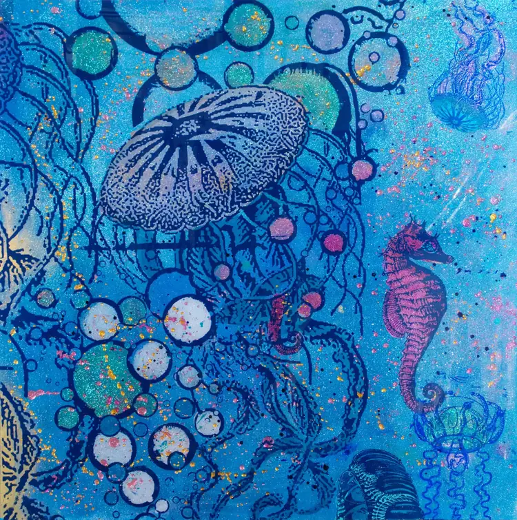 Happiness No. 1 – A jellyfish and a seahorse among bubbles in deep blue.