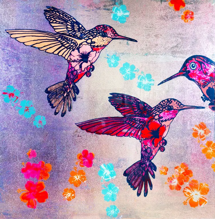 Happiness No. 4 – Hummingbirds among pink and orange blossoms on lilac and silver.