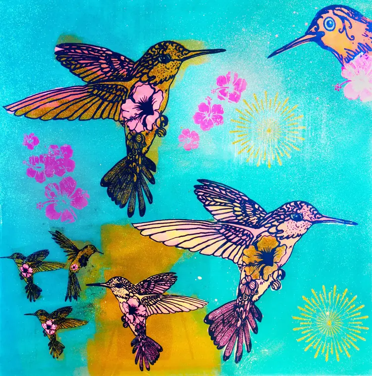 Happiness No. 5 – Hummingbirds and blossoms on turquoise and yellow – bright and summery.