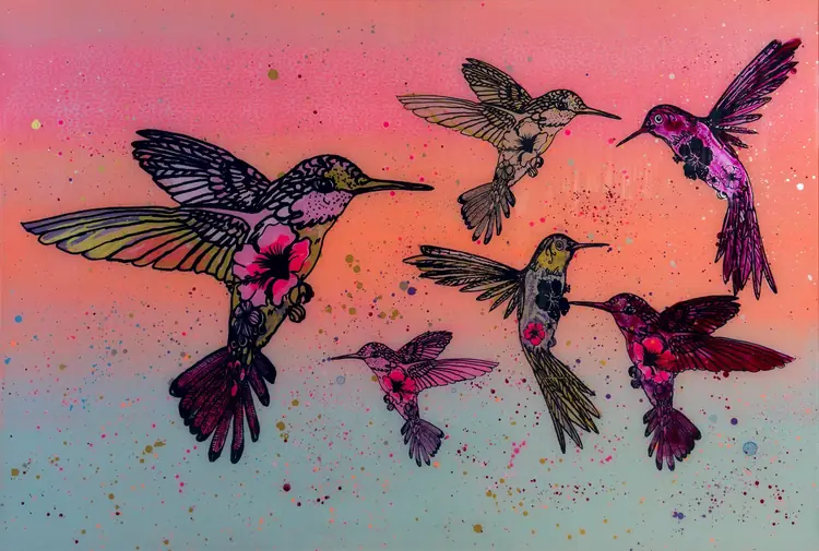 Liebesgrüße – A flock of hummingbirds on a gradient from pink to peach.