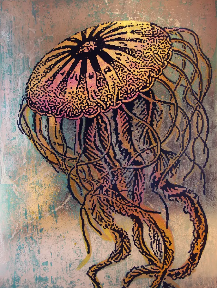 Golden Queen – A golden jellyfish with long tentacles on a silvery ground.