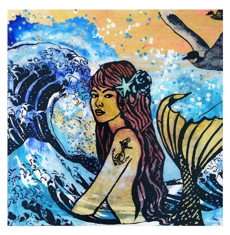 Mermaid – A mermaid with a golden tail in front of a great wave in Japanese style.
