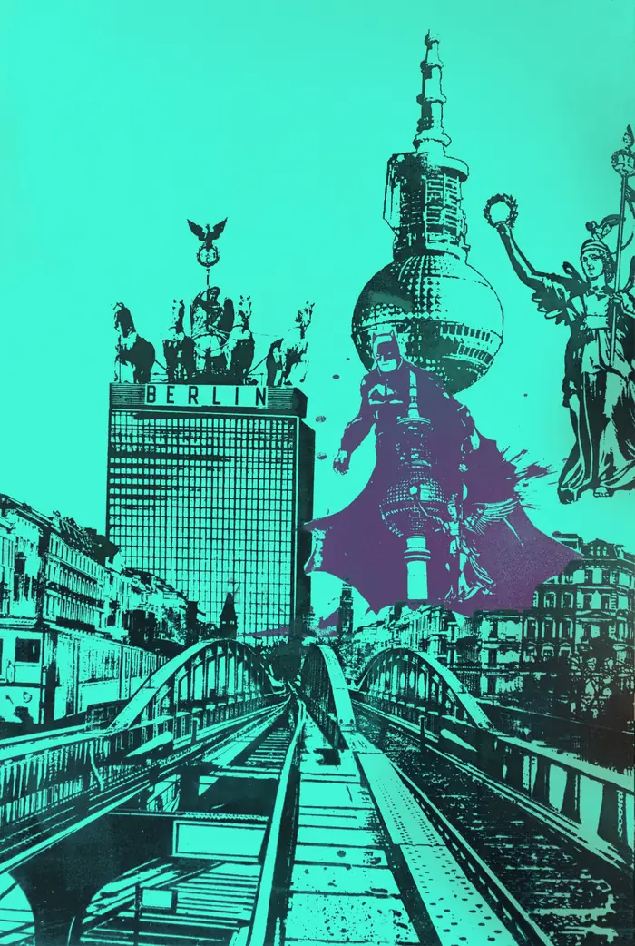 Berlin – Heroes at midnight – The elevated railway scene with the TV tower, but a violet caped hero stands at the centre.