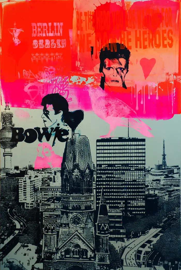 Küss mich in Westberlin – Bowie in red and pink above the Memorial Church, with West Berlin below in black and white.