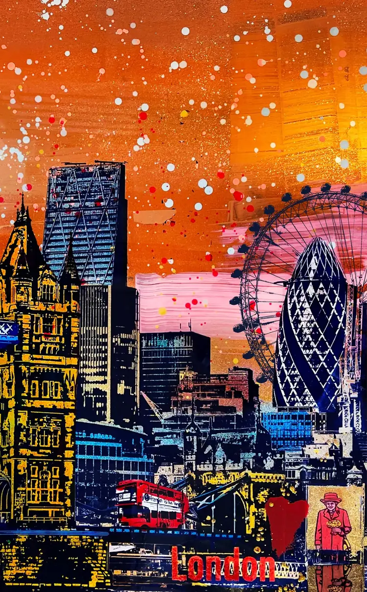 London – Tower Bridge, the London Eye and the Gherkin under an orange sky, a red double-decker below.