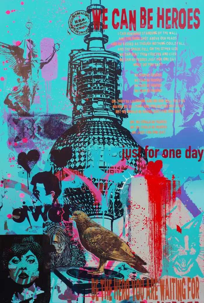 Lovers against the Wall – “We can be heroes – just for one day”: Bowie’s lines above the TV tower, with hearts, a bird and red drips.