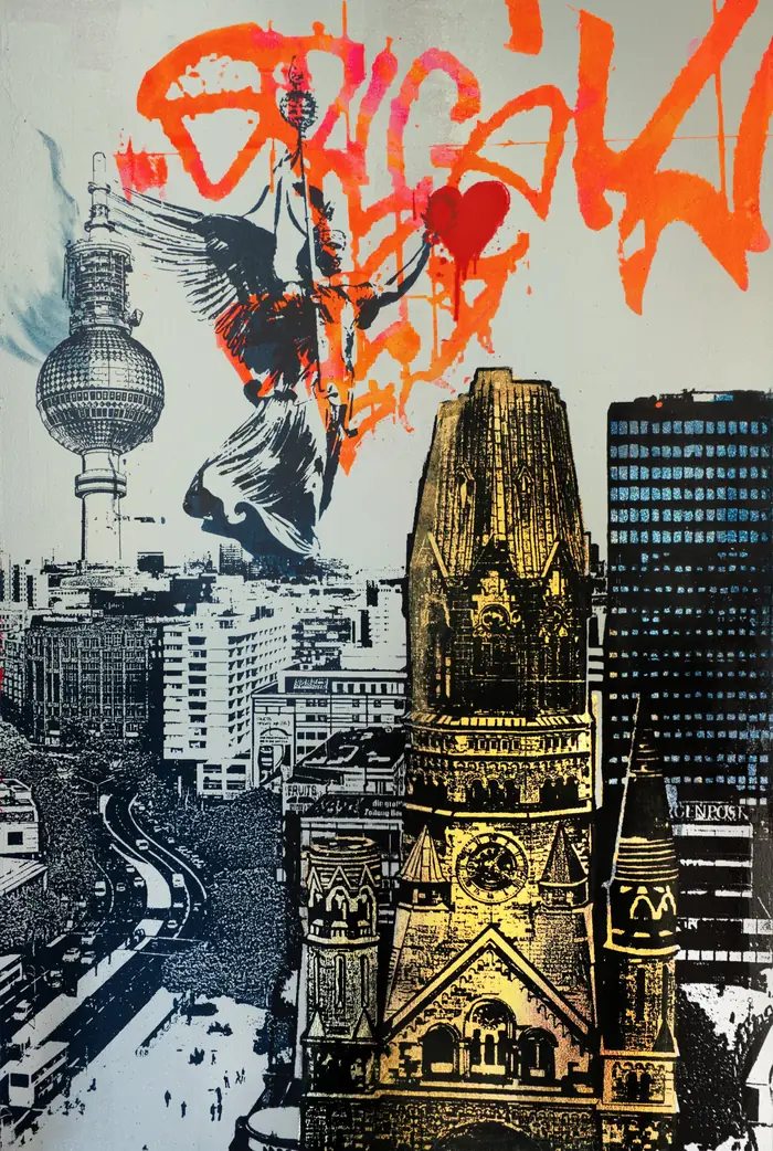 Mein Herz schlägt in Berlin – Red hearts, an angel and the golden Memorial Church – love for Berlin in black and white, orange and gold.