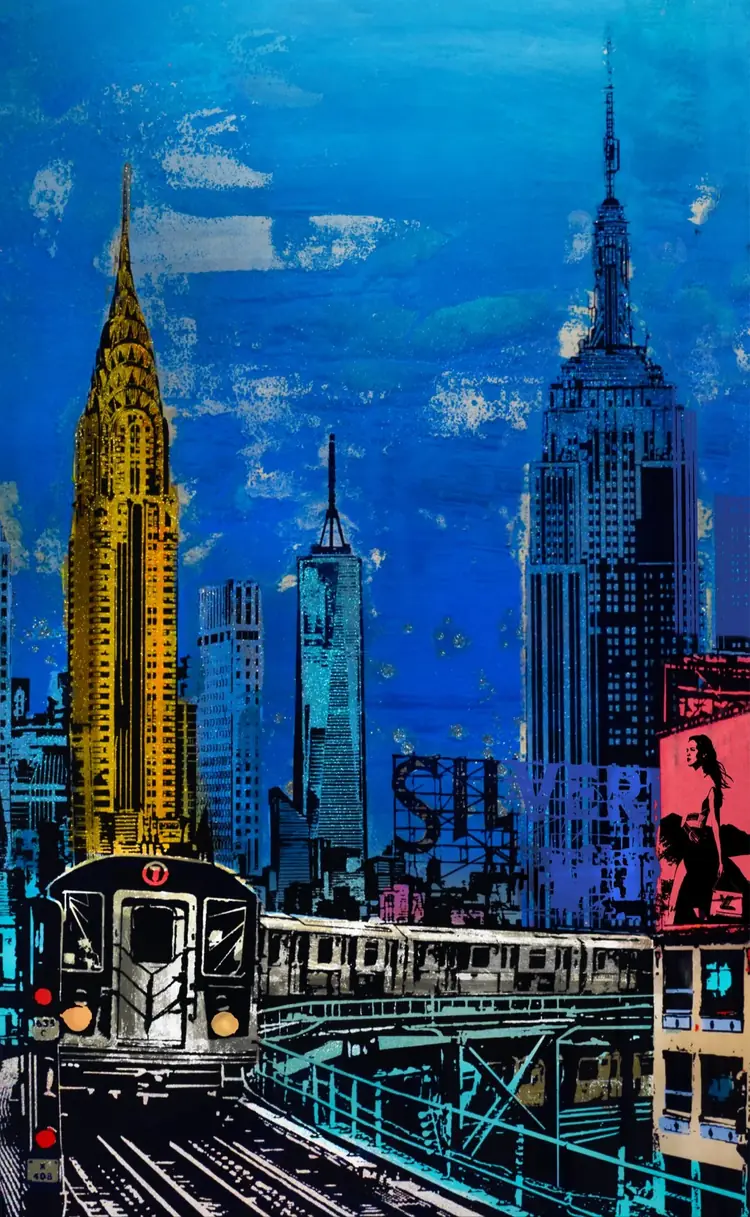 New York II – A golden Chrysler Building and the Empire State Building in midnight blue, the elevated train below.