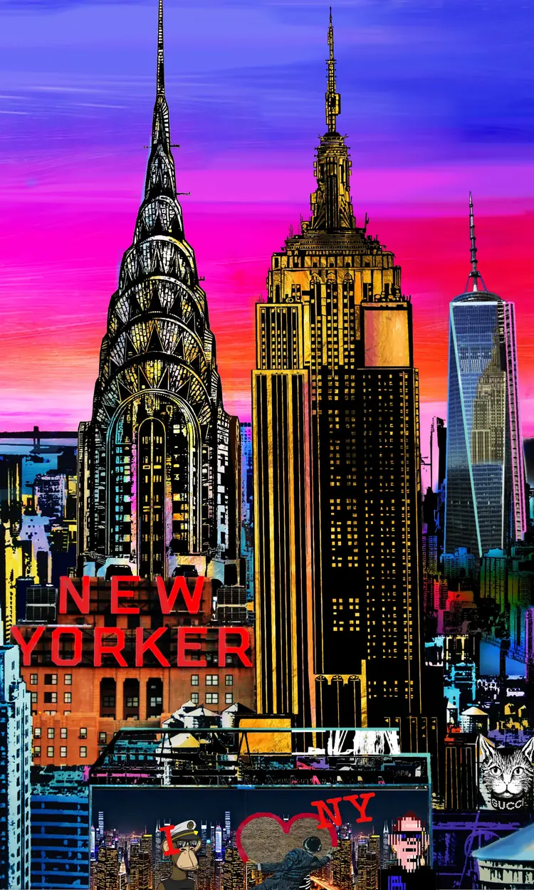 New York – The Chrysler Building, Empire State Building and One World Trade Center against a pink and violet sky.