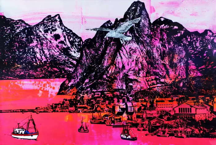 Norway I – Mountains and fjord in glowing pink and magenta, gulls above and a fishing boat below.