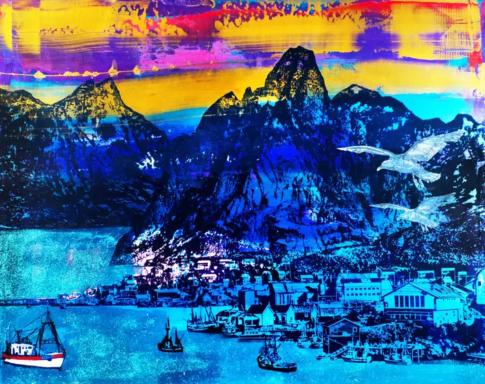 Norway II – Blue mountains under a yellow, orange and pink sky, with gulls and a boat.