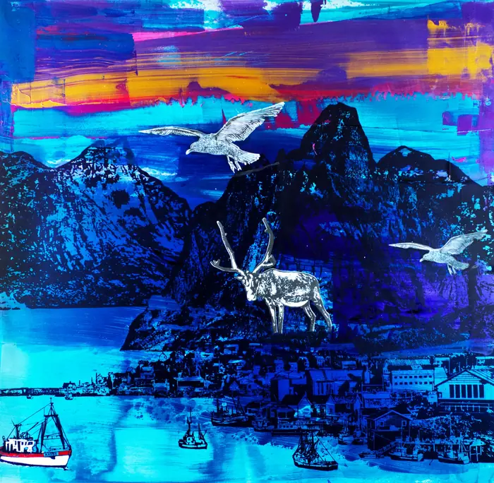 Norway III – A white reindeer before midnight-blue mountains, gulls above and a small boat below.