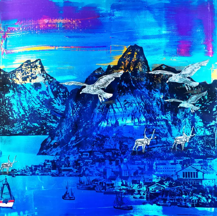 Norway IV – Deep blue mountains above the fjord, with reindeer and circling seagulls.