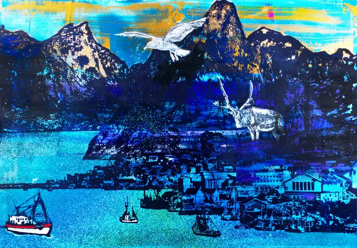 Norway VI – A wide fjord panorama in blue and turquoise with reindeer, gulls and a fishing boat.