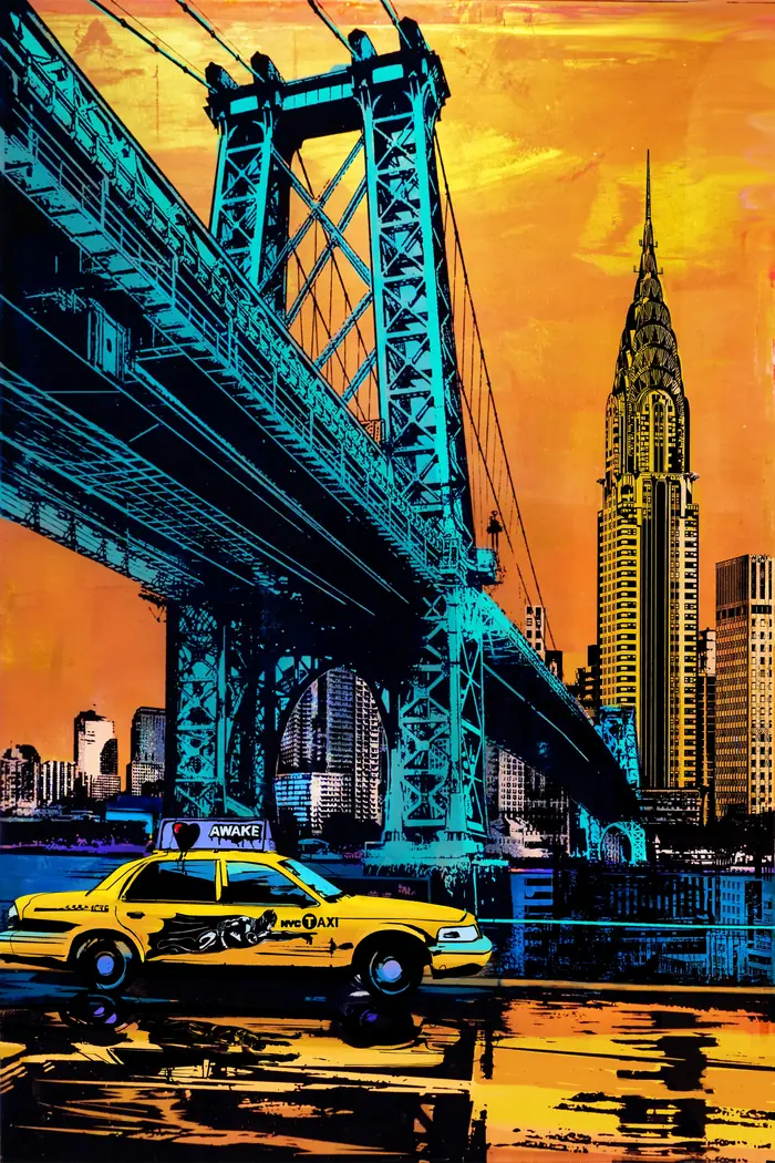 NY Bridge Taxi – The Manhattan Bridge in blue, the Chrysler Building behind it and a yellow cab in golden evening light.