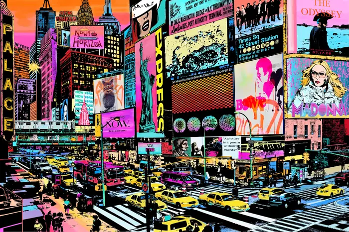 New York Times Square – Times Square in full colour: billboards, neon lettering and yellow cabs.