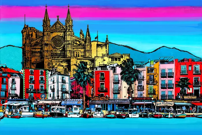 Palma – La Seu cathedral above colourful houses and palm trees, the sea in front under a pink sky.