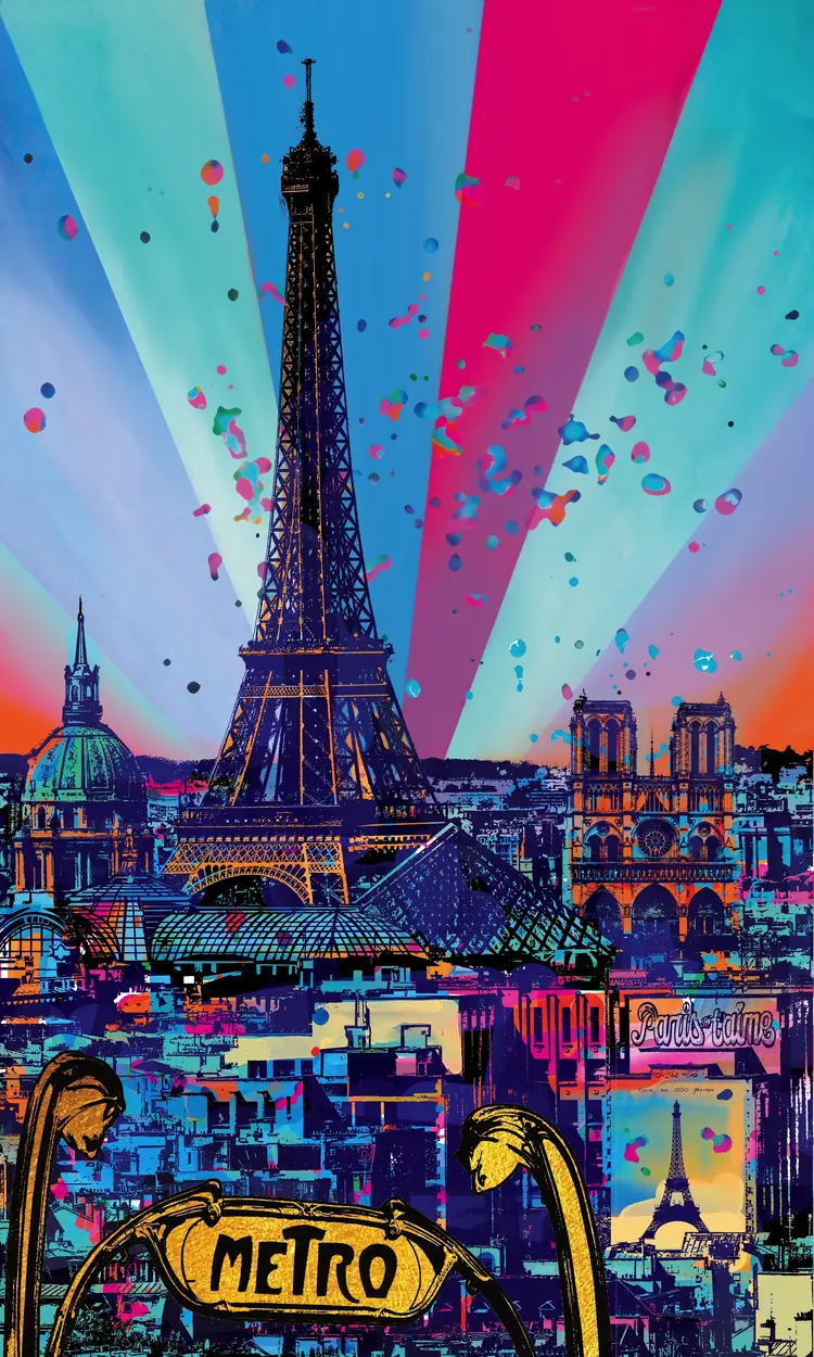 Paris – The Eiffel Tower in pink and blue rays of light, Notre-Dame behind it and a Métro sign in front.