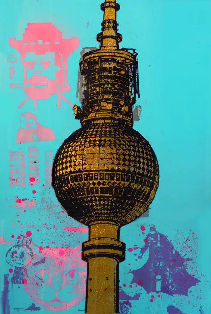 Radio Romance in Berlin – The TV tower in gold against turquoise, faded portraits in pink and violet beside it.