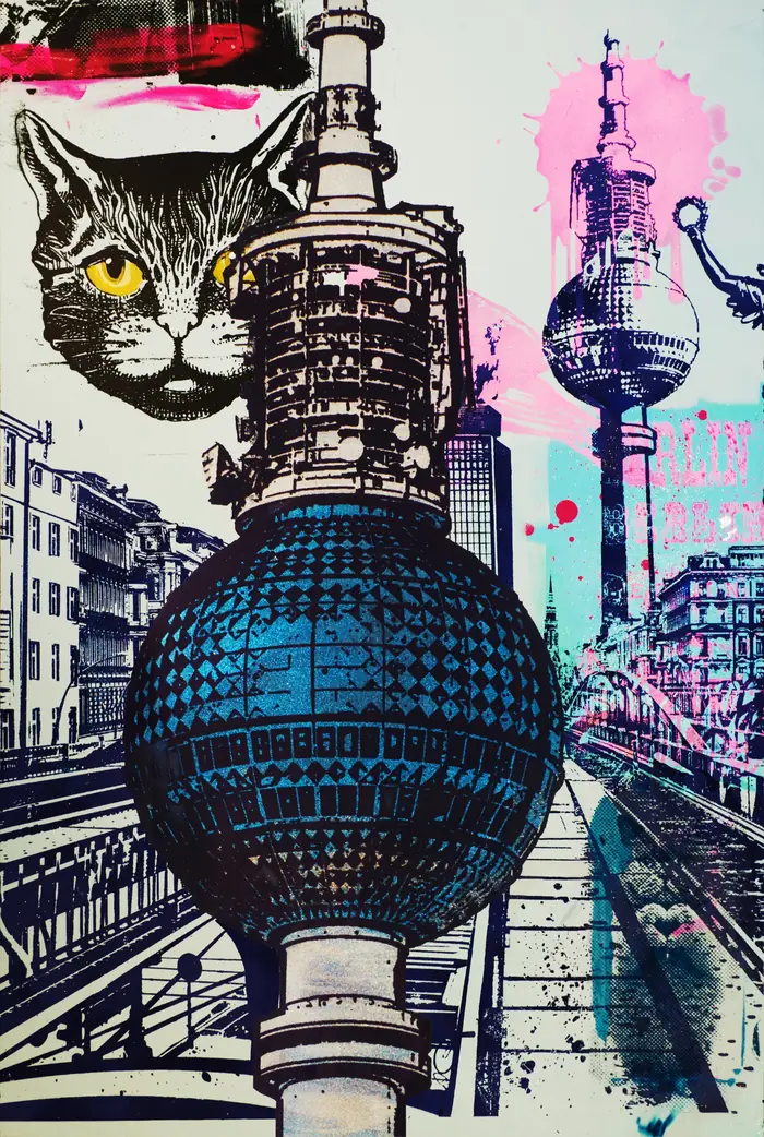 Sounds of Berlin – A yellow-eyed cat, the TV tower twice and the elevated railway – Berlin in black, white and midnight blue with splashes of pink.