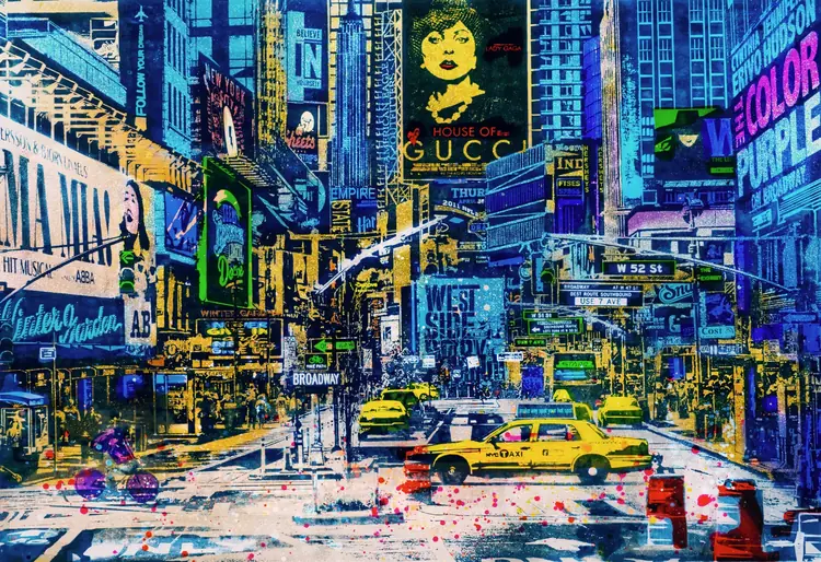 Times Square – Times Square bathed in blue, with billboards, neon lettering and yellow cabs.