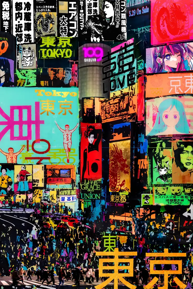 Tokyo – Shibuya crossing at night: neon ads, kanji, anime faces and crowds.