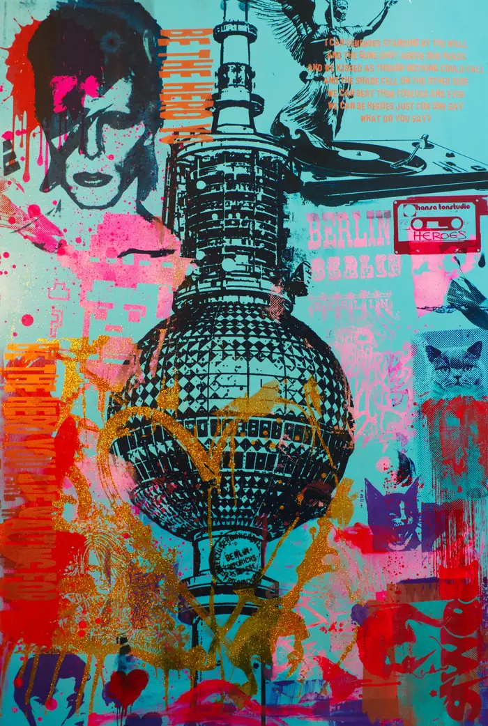 Uns gehört die Nacht Berlins – Bowie with a lightning bolt across his face, the TV tower in black and white and splashes of pink and orange – an anthem to Berlin nights.