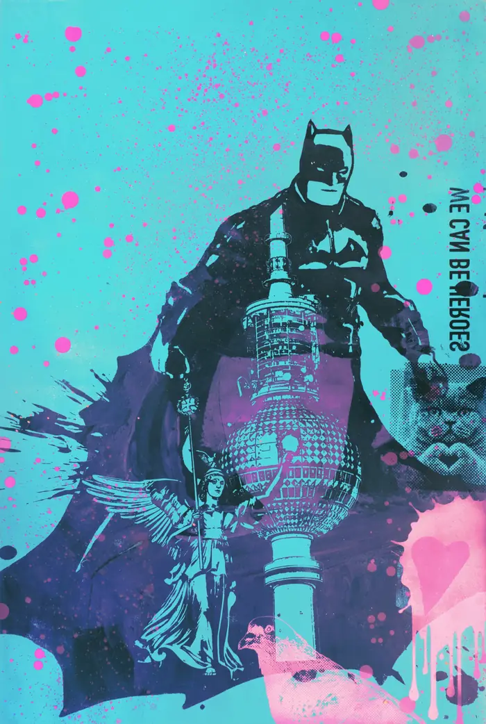 We can be heroes – A violet Batman silhouette with the TV tower inside – on turquoise with pink speckles.